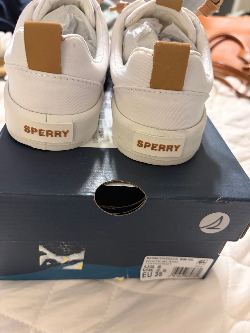 Sperry White Canvas Sneakers with Tan Heel Tabs